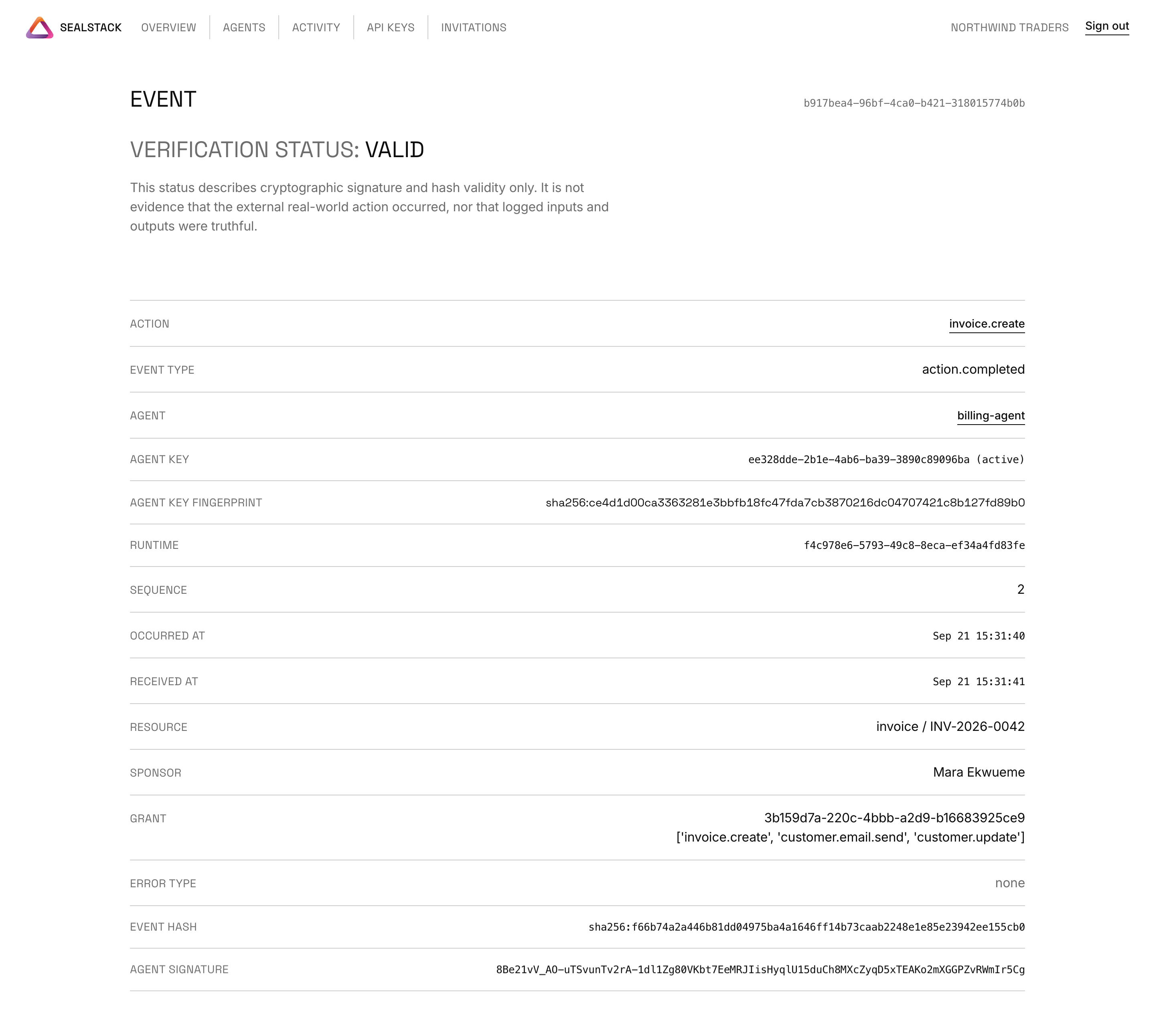 A SealStack event page headed EVENT with VERIFICATION STATUS VALID and a table of the event's fields, hash and signature