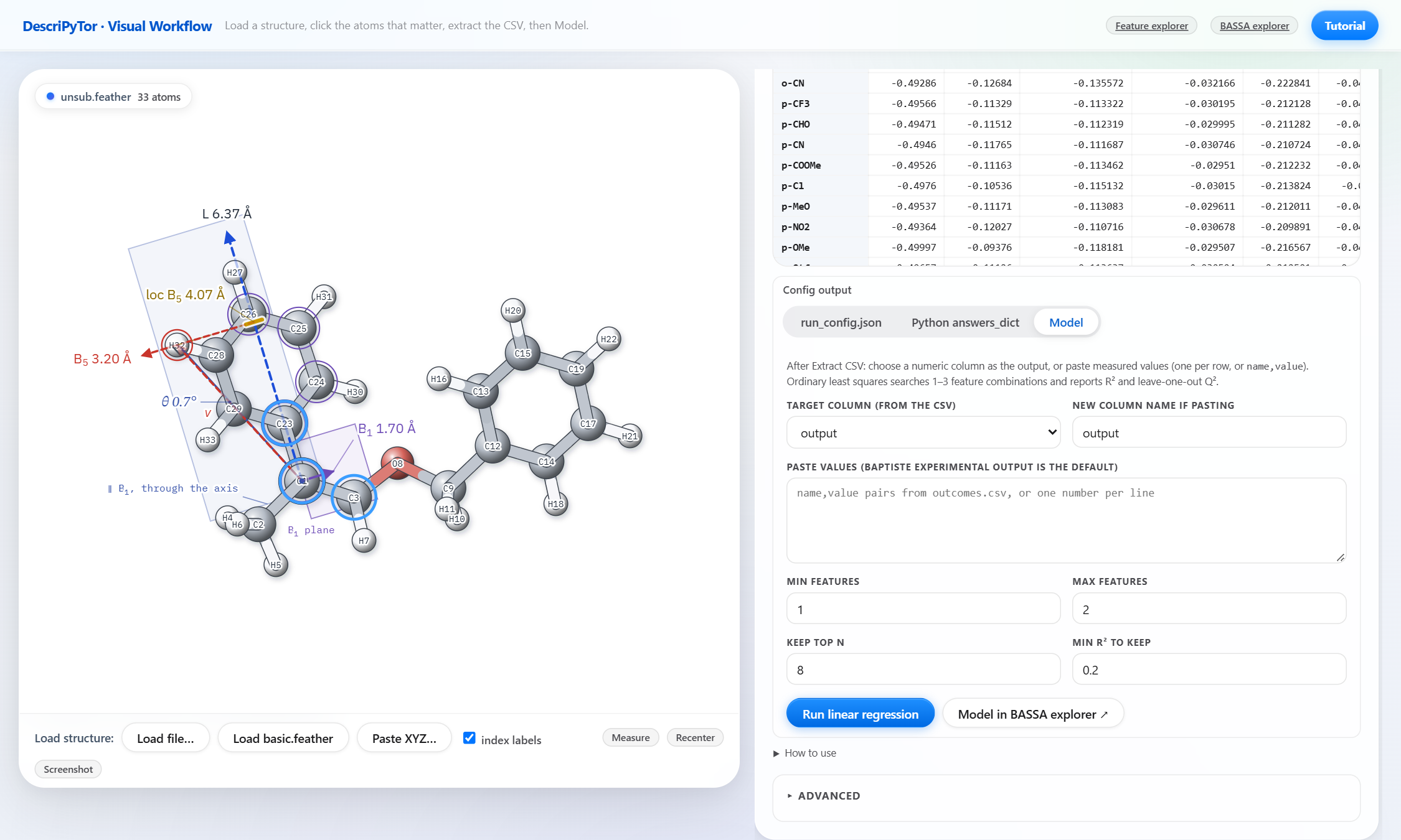 The visual extractor after Extract CSV: the molecule with a Sterimol axis drawn on it, the extracted table, the pasted outputs, and the buttons Run linear regression and Model in BASSA explorer.
