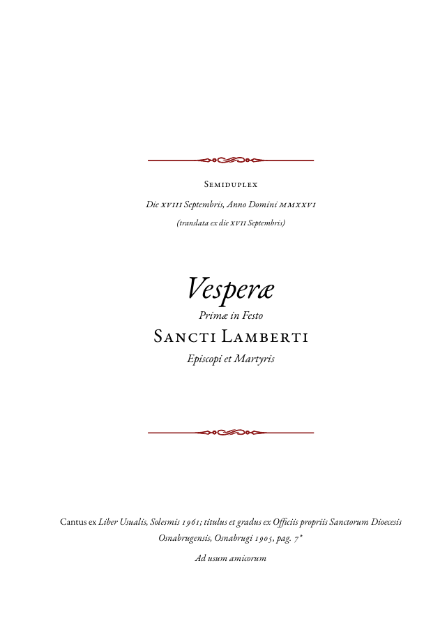 Cover page: Vesperæ Primæ in Festo Sancti Lamberti, Episcopi et Martyris, with red ornamental rules
