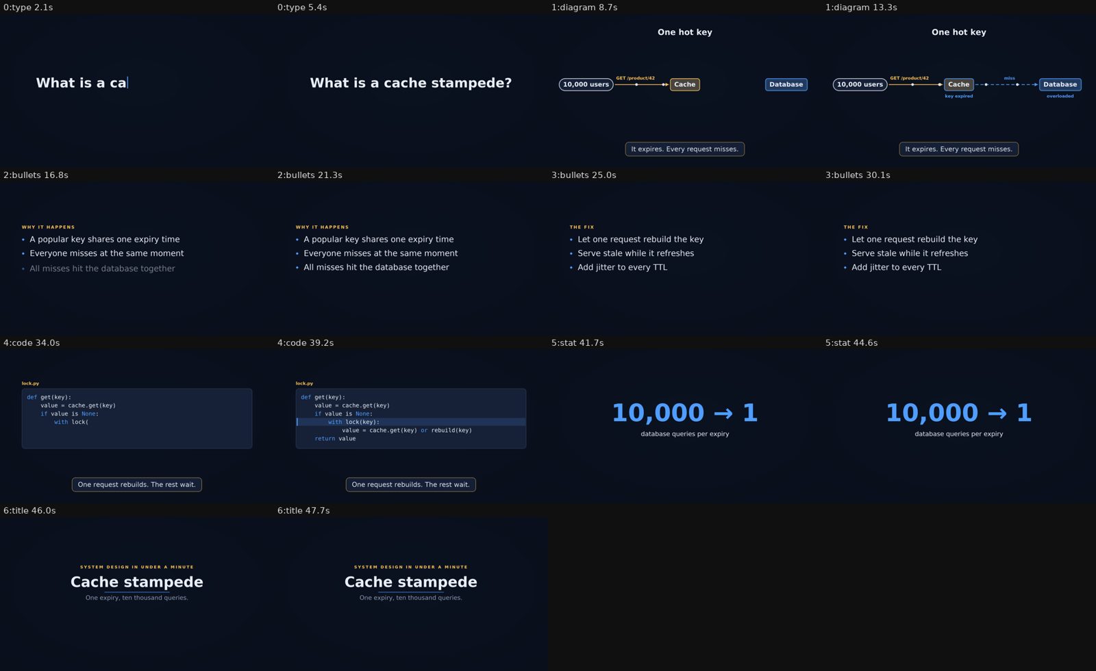 Contact sheet of a rendered video: a typed hook, a cache diagram, bullet lists, highlighted code, a big stat and an end card