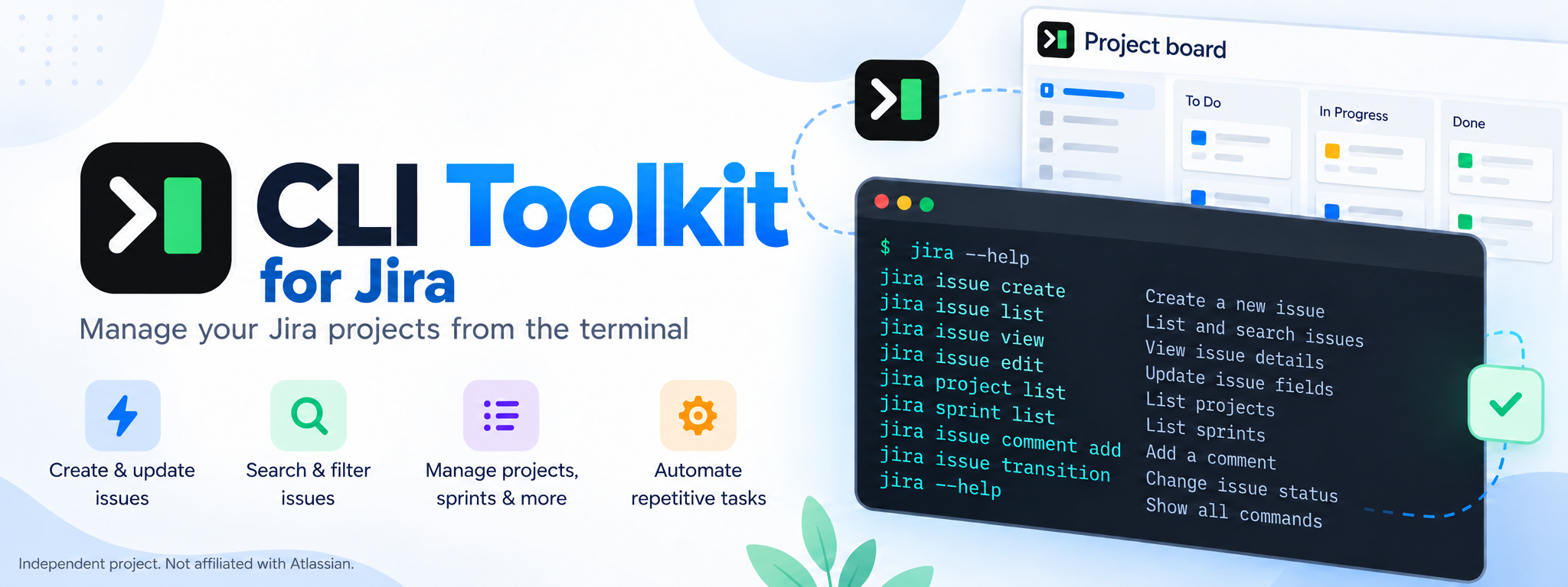 CLI Toolkit for Jira — independent terminal tools for Jira Cloud, with current issue, project and sprint command examples
