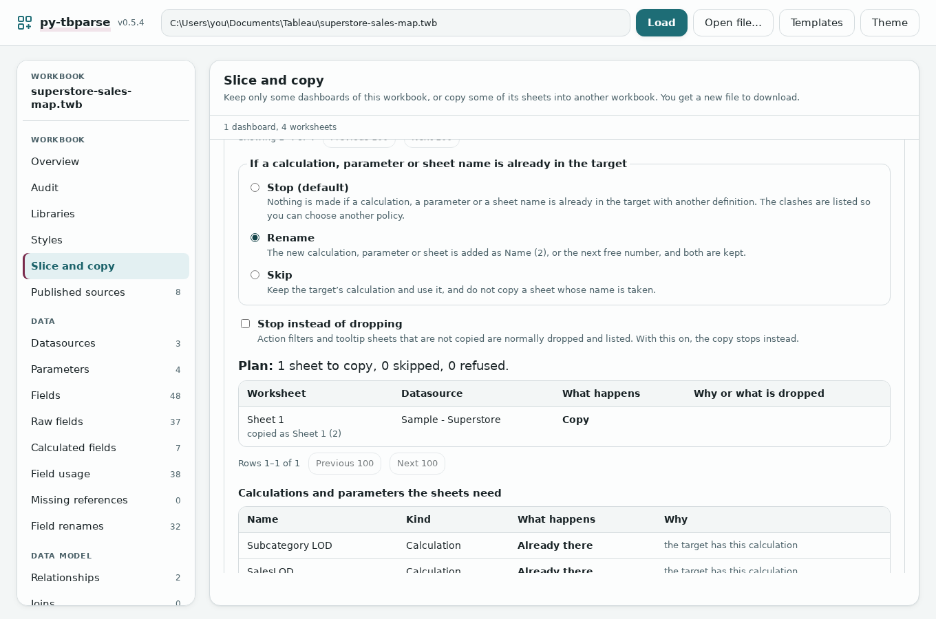 Copy sheets with Rename: Plan: 1 sheet to copy; Sheet 1 copied as Sheet 1 (2); Subcategory LOD and SalesLOD already there