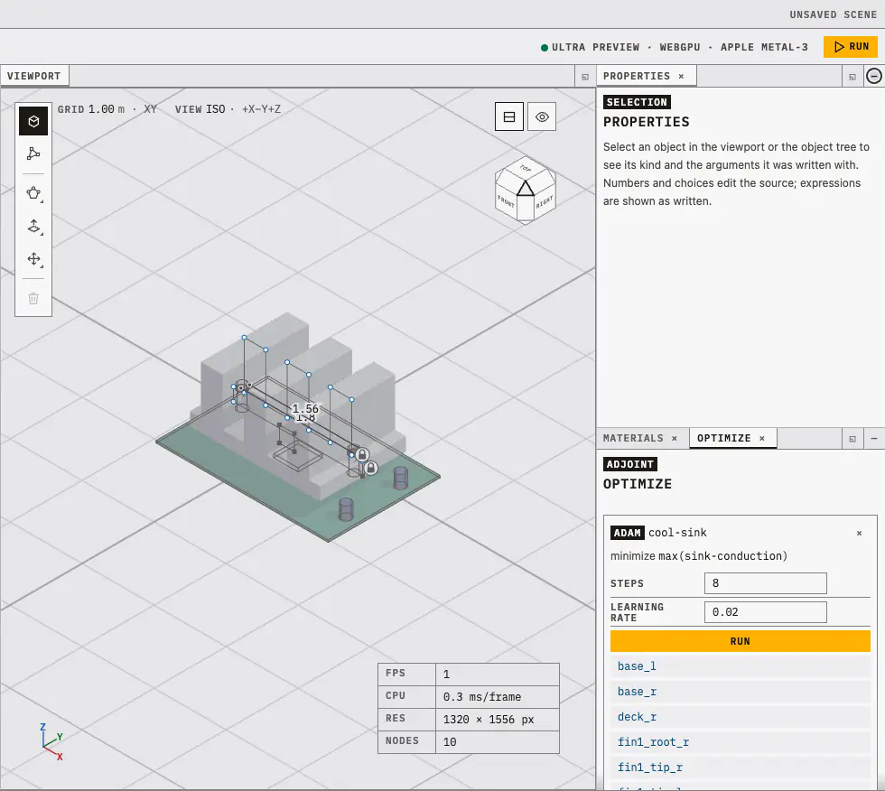 The heat sink's cool-sink optimisation is run from the Optimize panel. Eight gradient steps, each a mesh, a thermal solve and an adjoint, replayed as a time-lapse: the fin comb reproportions as the peak temperature falls in the panel's trace.