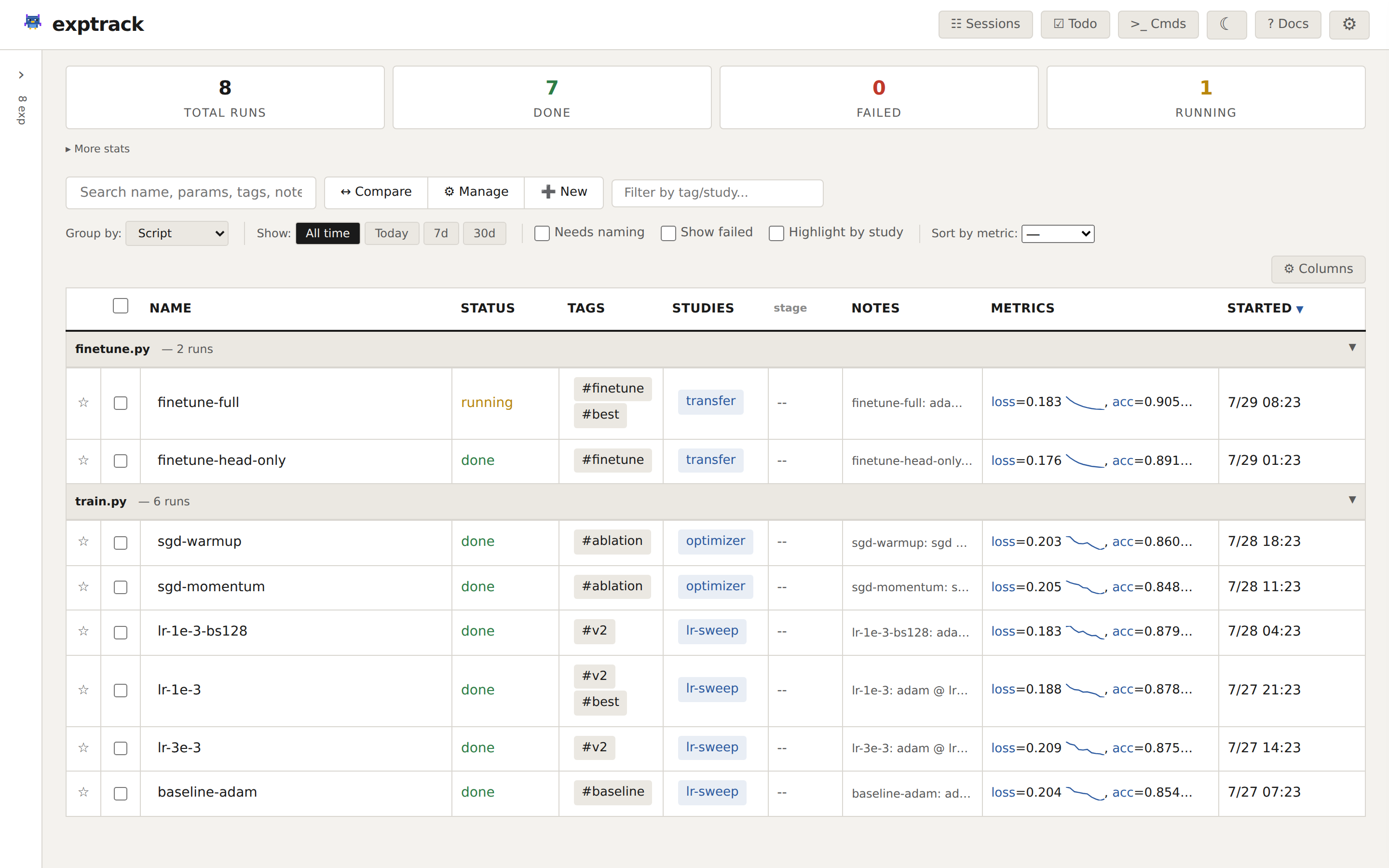 exptrack dashboard — experiment list grouped by script, with tags, studies, and metric sparklines