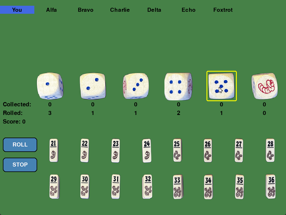 Animated demo of the Pickomino game played manually.
