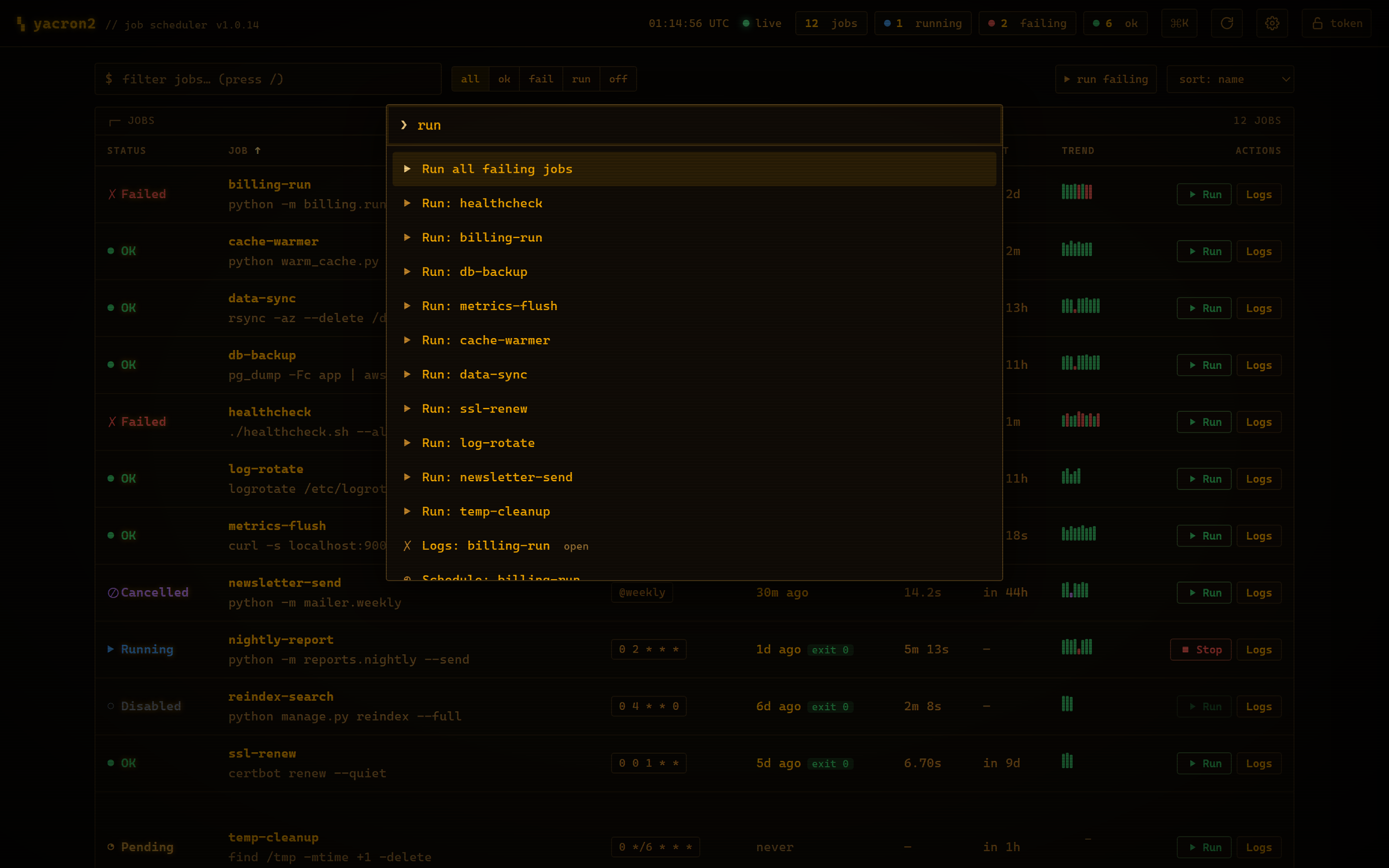 A fuzzy command palette listing run and log actions for each job