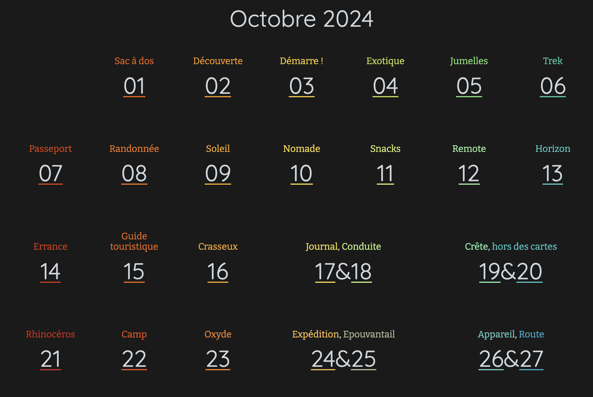 The navigation menu with a monthly calendar of all writings, each day colored and labelled with its prompt