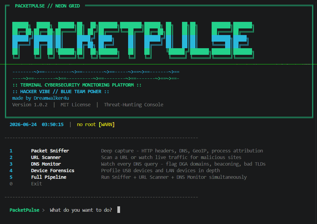 PacketPulse running in a terminal