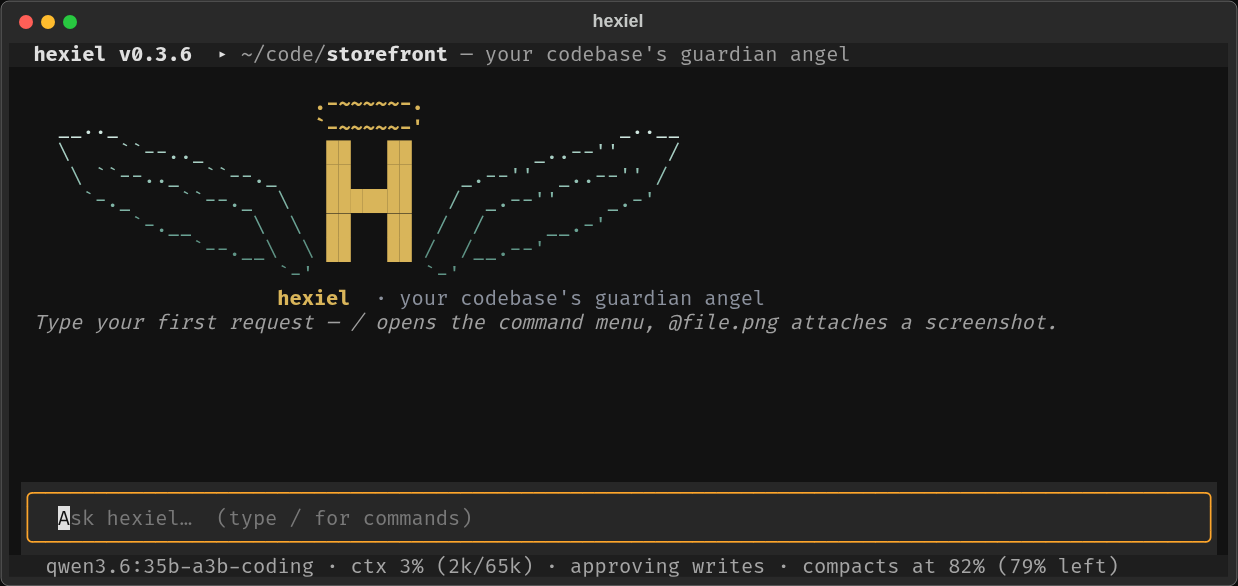 hexiel terminal UI welcome screen