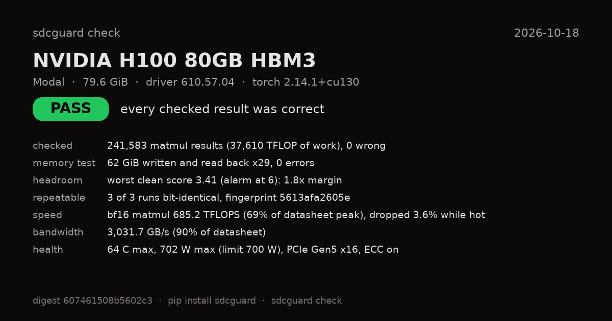An example sdcguard check result card