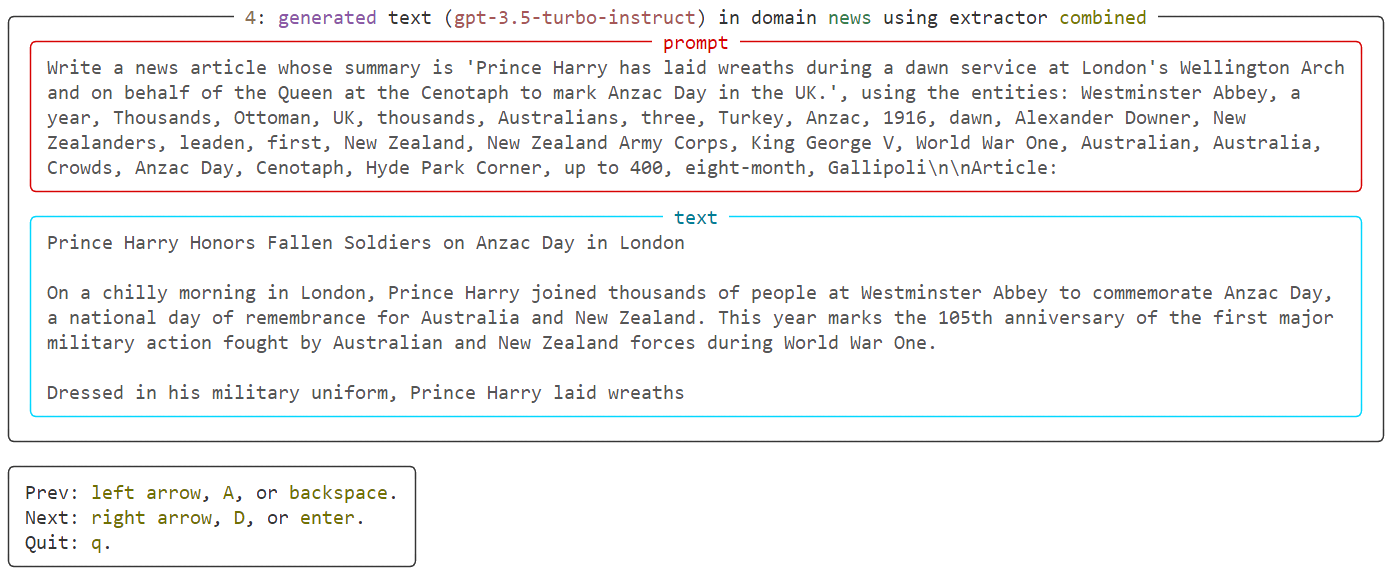 CLI interface showing generated and human text for detection