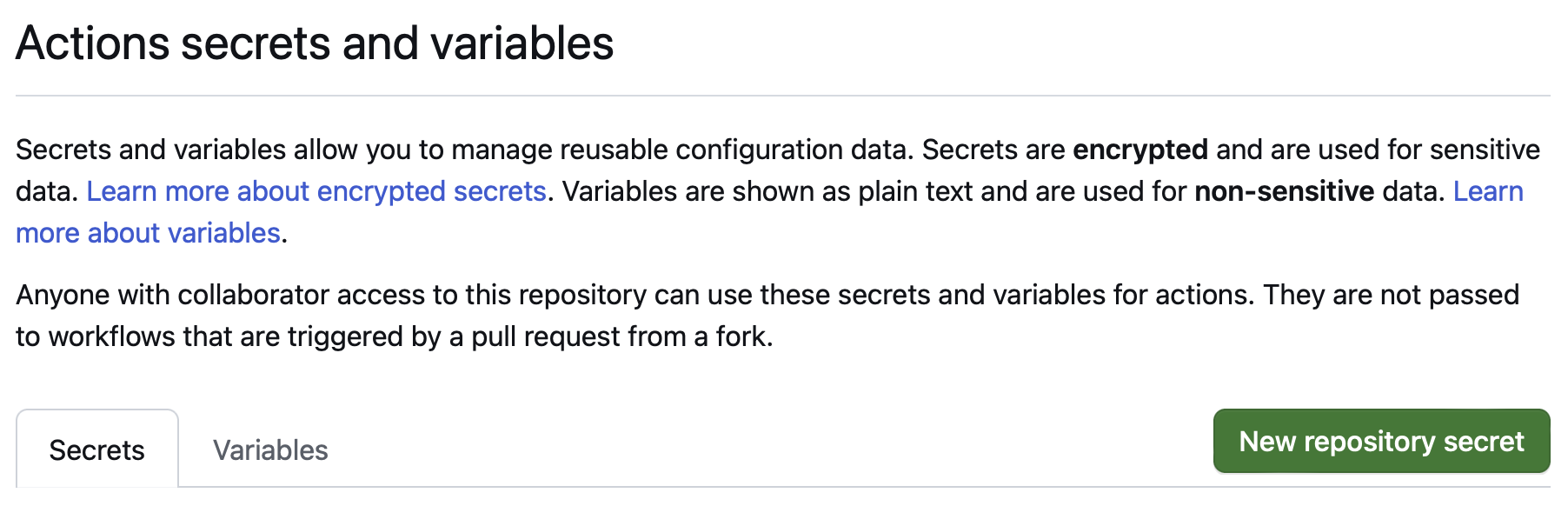 Screenshot of GitHub secrets interface