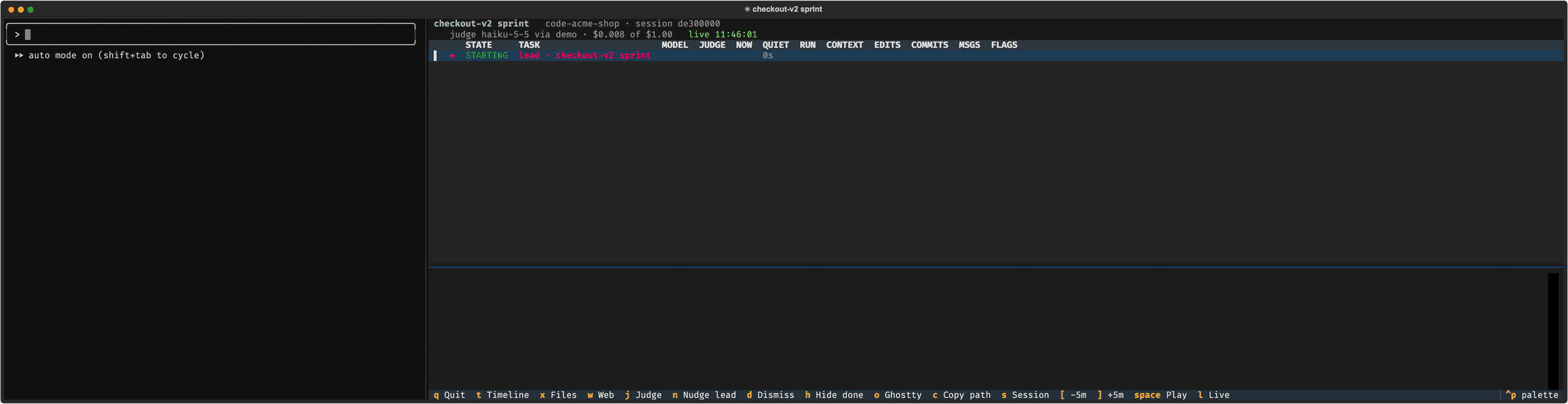 A terminal split in two. On the left, a Claude Code session is asked to /expedite checkout-v2 and dispatches seven worktree agents. On the right, tracon lists them as they start; over the run one agent is blocked on a permission prompt, one goes idle, one drifts off its brief and one is stuck retrying a failing command. The user selects the stuck agent in tracon, presses n to nudge the lead with a drafted note; it arrives in the Claude Code session, the lead messages the agent, and tracon shows it back on track.