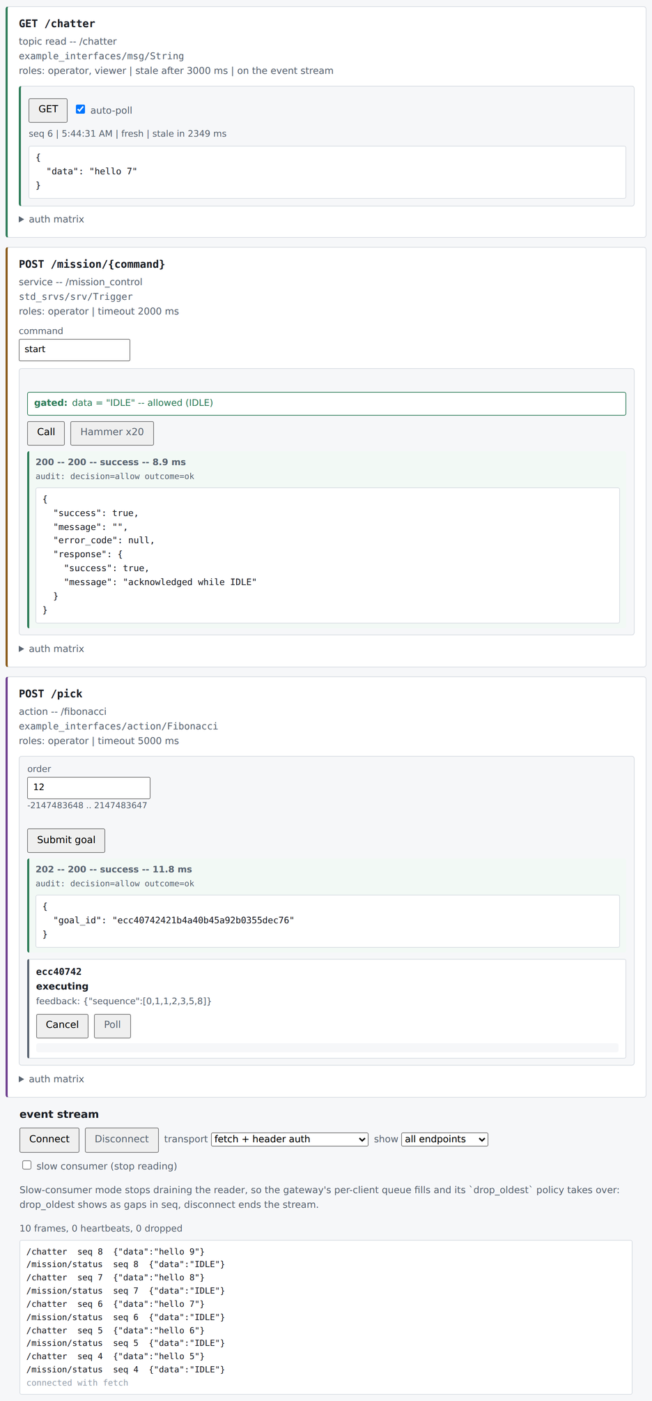 The built-in console, rendered from the config above
