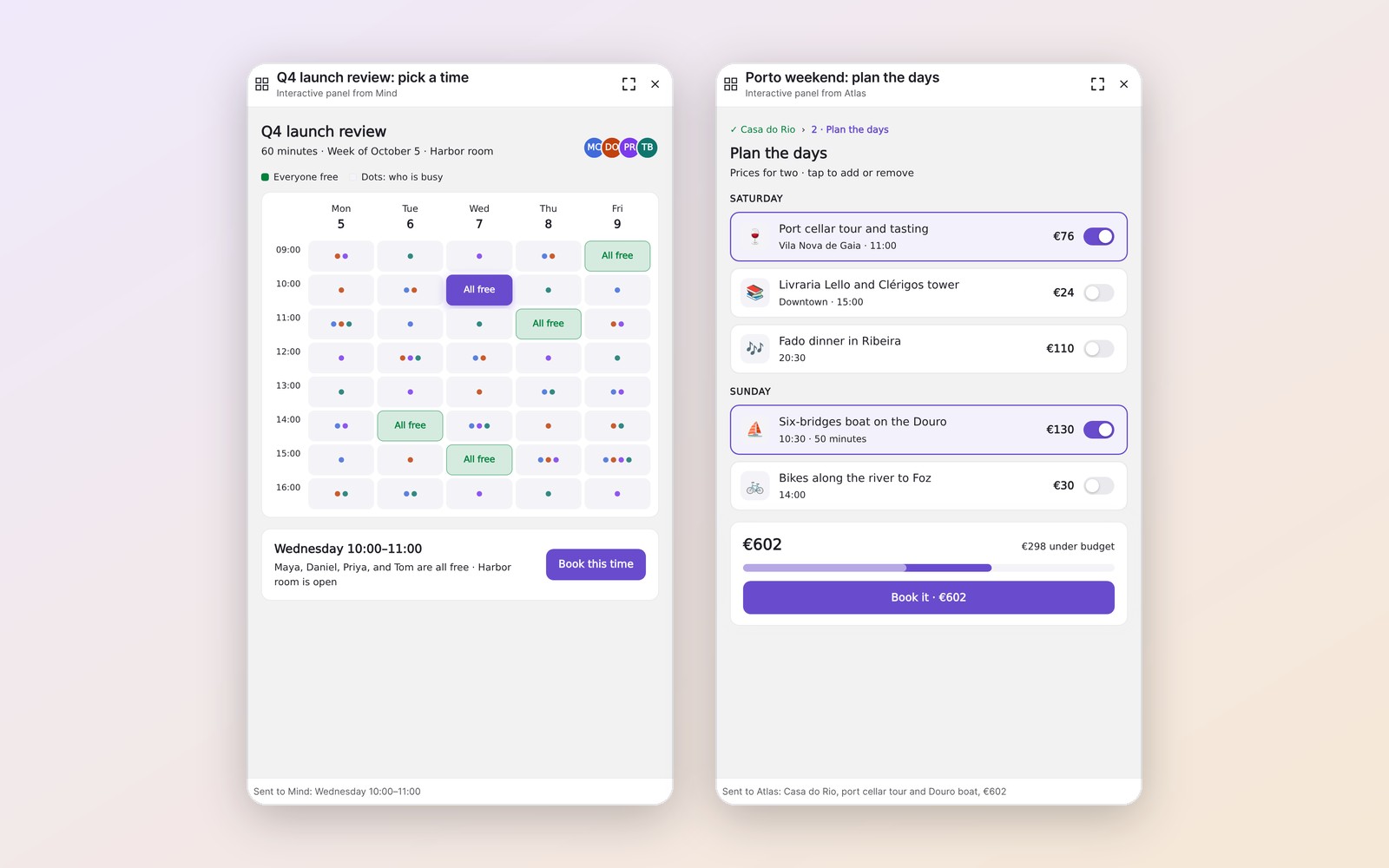 Two agent canvases: a week grid of free meeting slots and a weekend trip planner with a budget