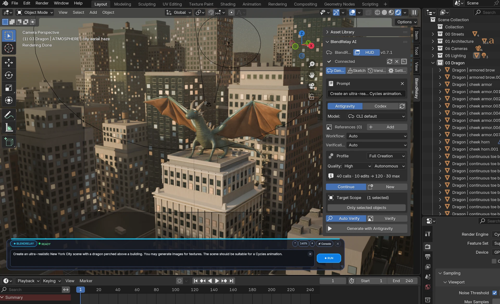 BlendRelay MCP Blender AI add-on generating and editing a detailed 3D city scene