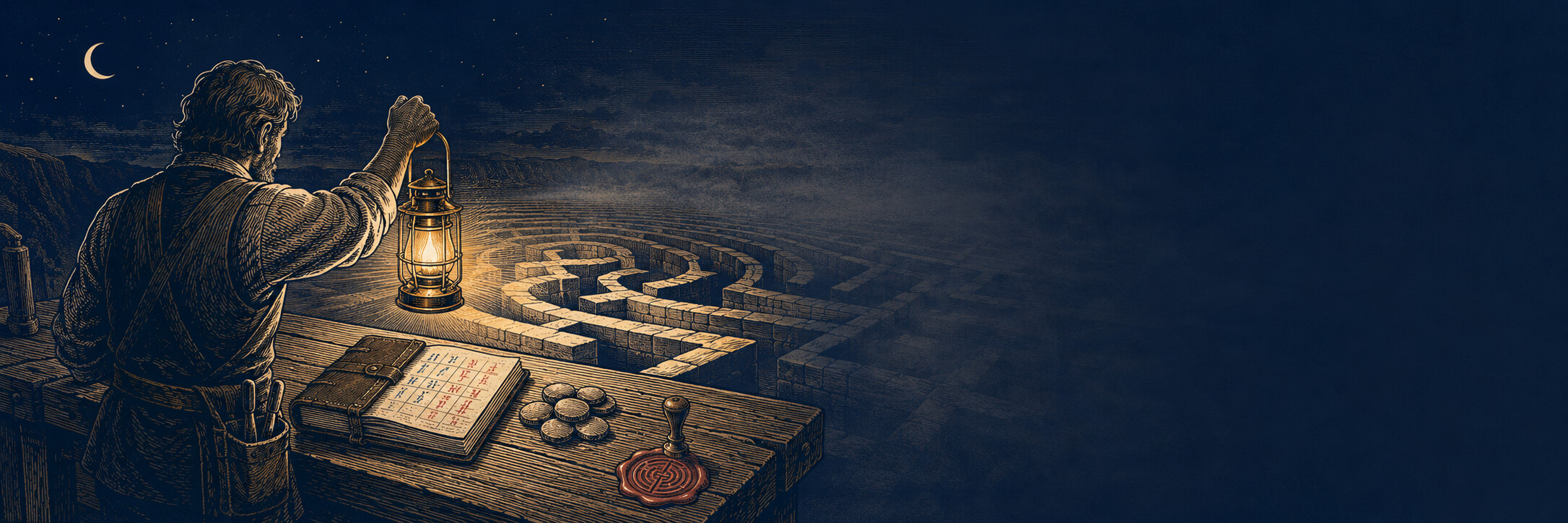 A journeyman raises a lantern over a stone labyrinth — ledger, sounding-stones and a maze-sealed tally on the bench.