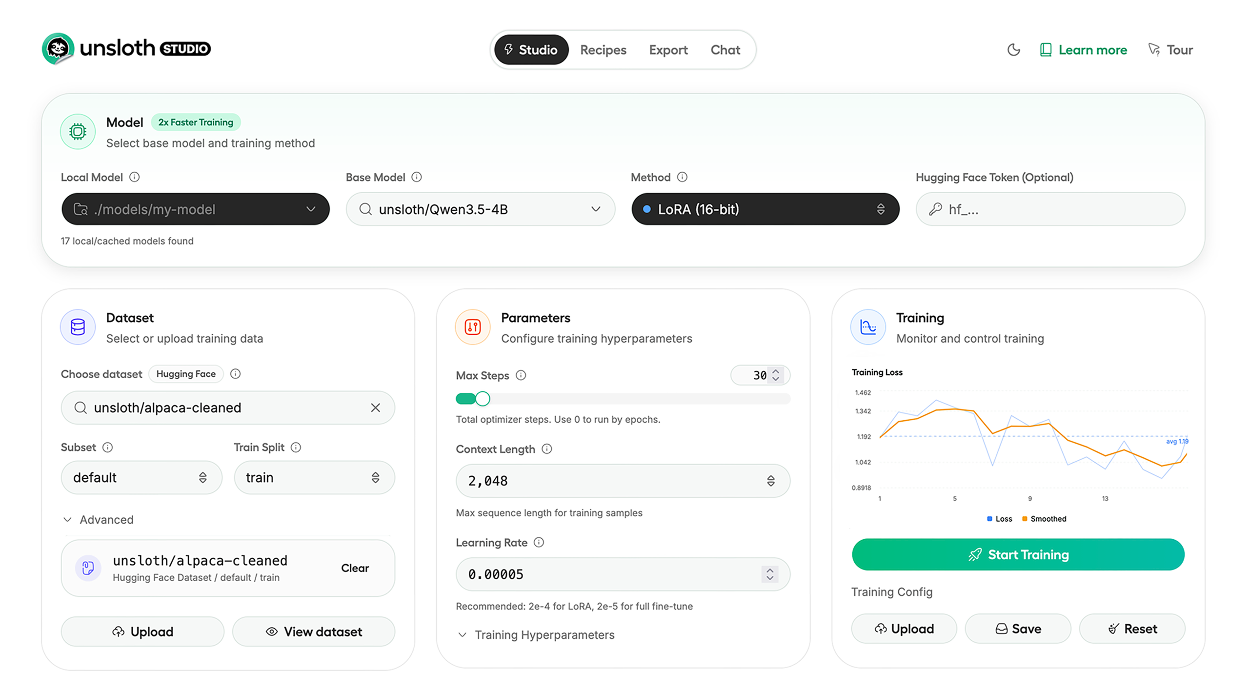 unsloth studio ui homepage