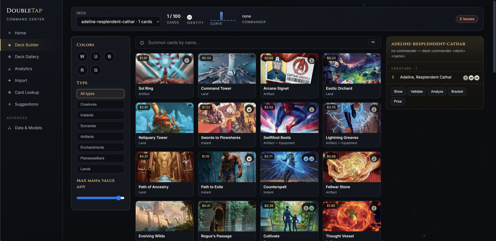 Deck Builder — searchable card grid with filters, deck shelf, and live legality