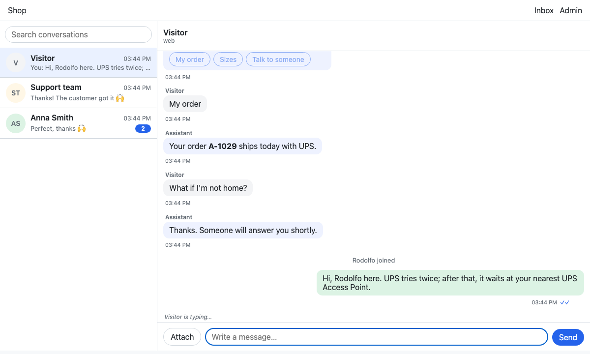 The staff's inbox: the conversations, and one with a visitor, whom an assistant answered before an agent joined