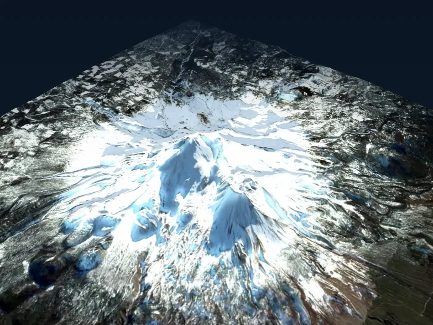 Mount Shasta rendered by forge3d, snow and glaciers picked out by low-angle sun against a dark sky
