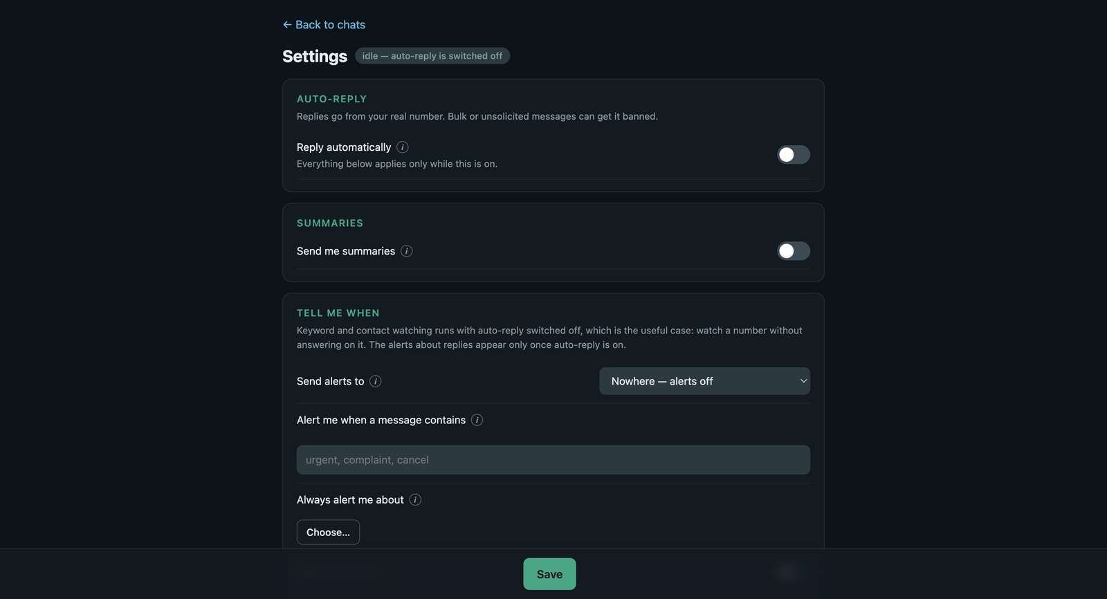 The settings page, showing the auto-reply, summaries and alert sections