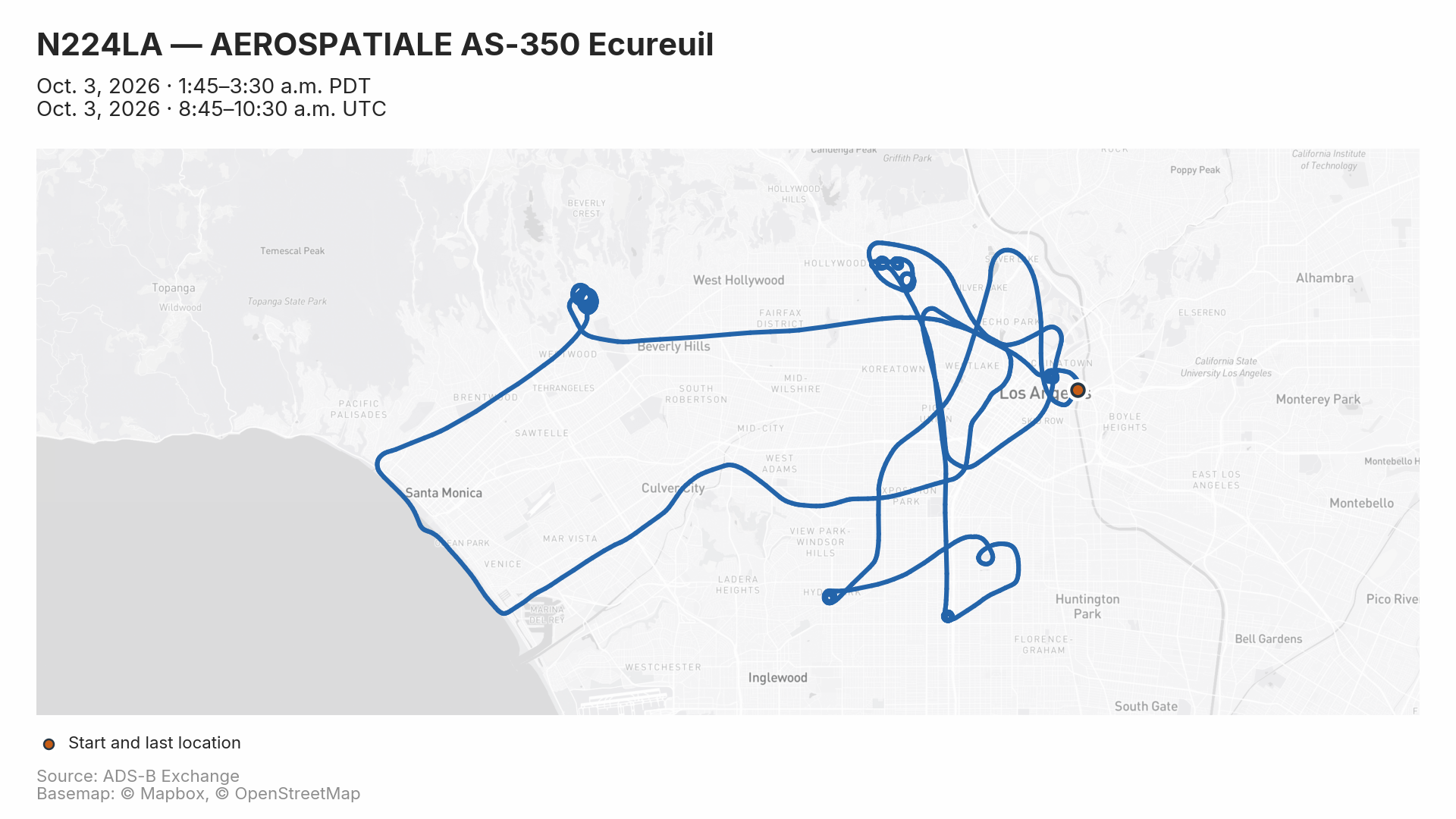 Example flight map over Los Angeles, with start and last-location markers