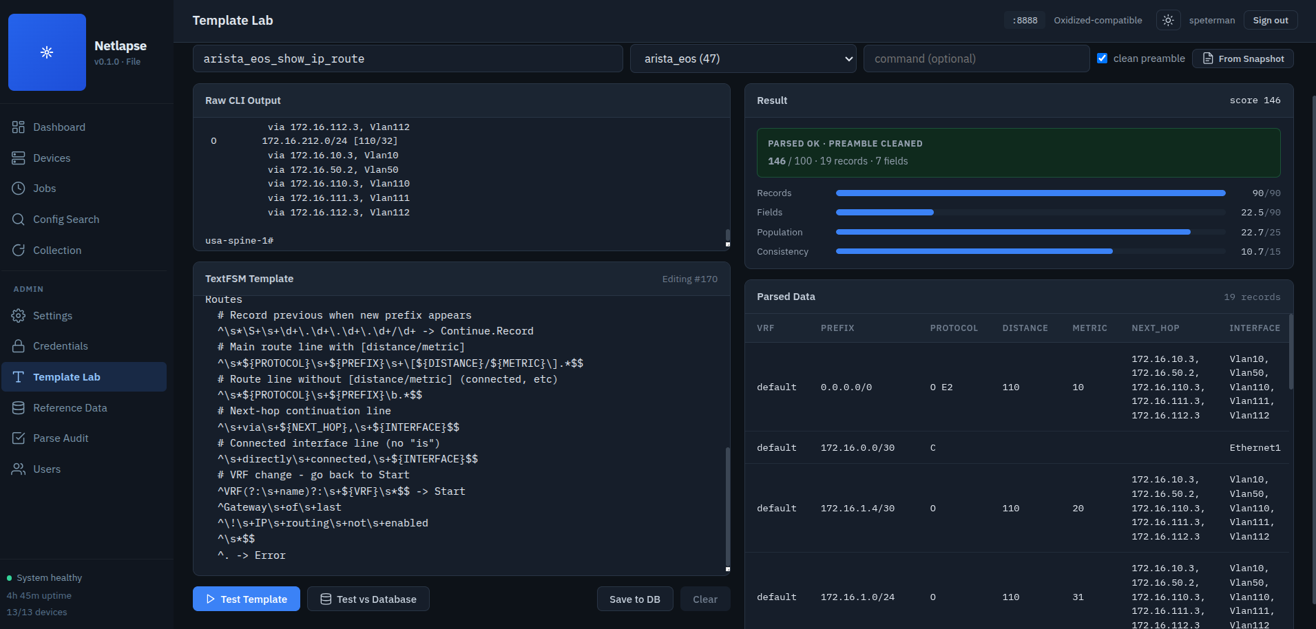 Template tester: a raw capture run through tfsm-fire, the engine auto-selecting the matching TextFSM template and rendering parsed records with the match score — the "output selects template" inversion in action
