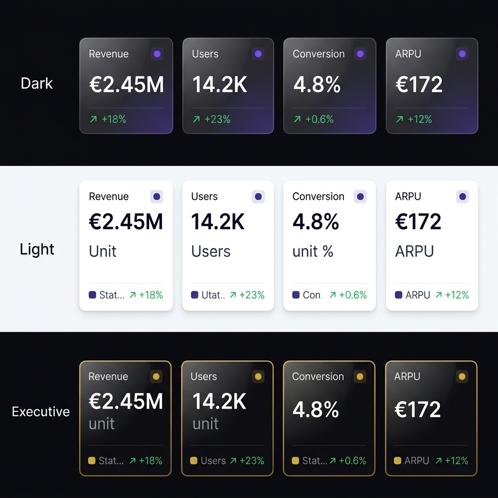 HolySheet KPI Cards — Dark, Light, Executive