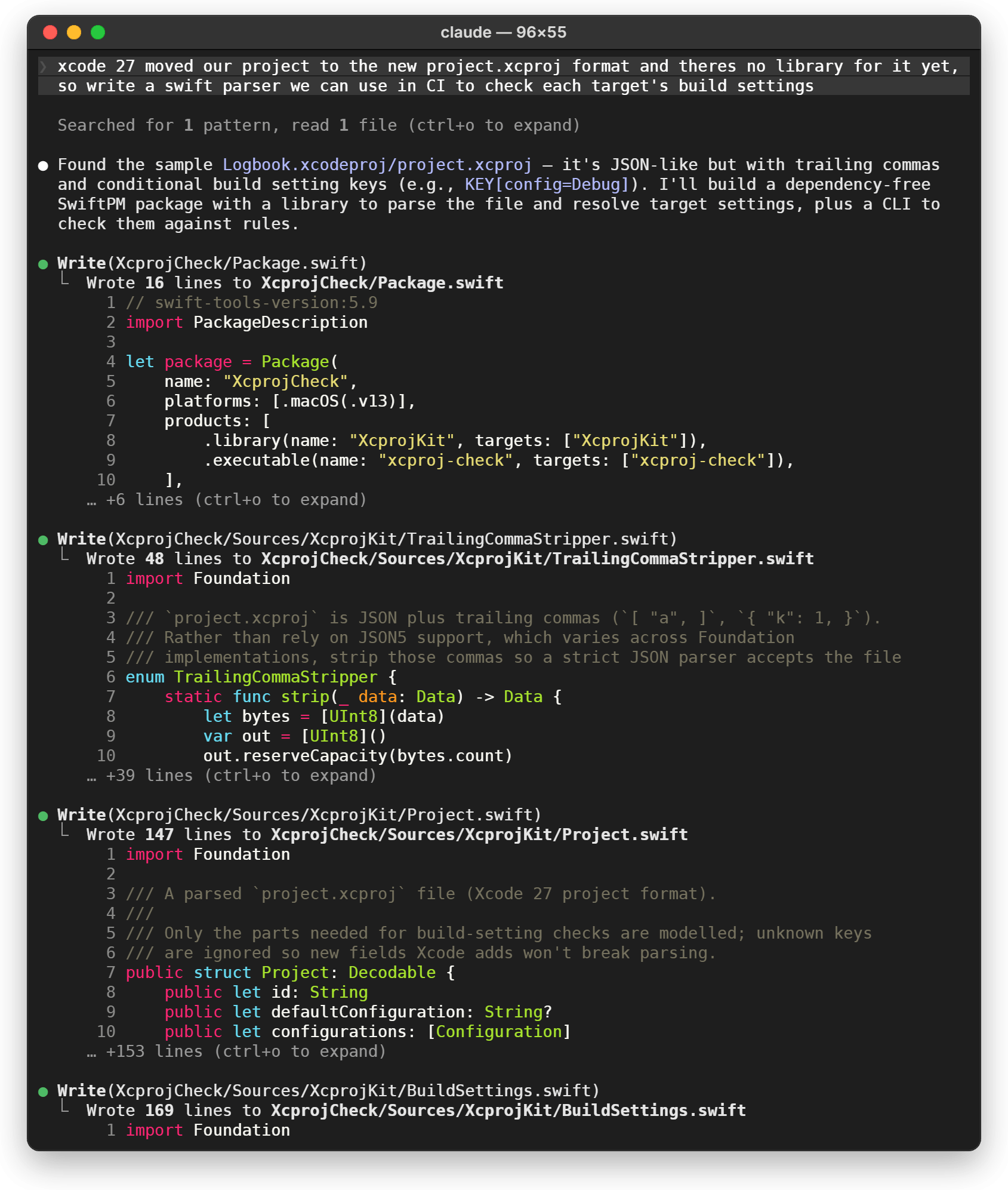 A Claude Code session in a Mac terminal. Asked for a Swift parser for Xcode 27's project.xcproj format, which the request says has no library yet, Claude Code writes one from scratch: Package.swift, a trailing-comma stripper, a project model of 147 lines, a build-settings resolver of 169 lines, and more files below the fold.
