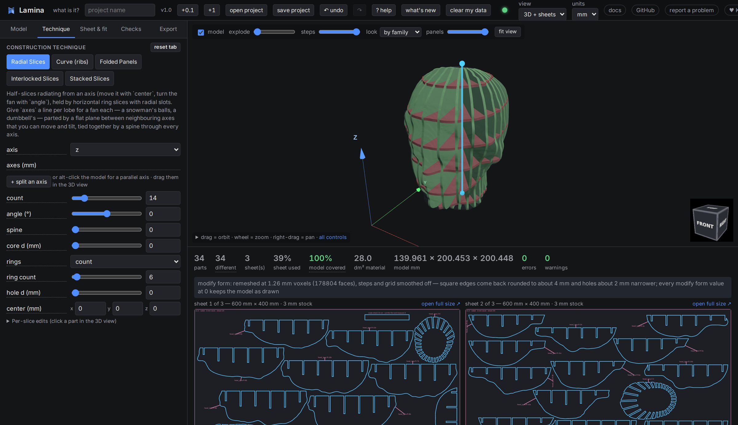 The Lamina interface: parameters on the left, a 3D preview of a radially sliced head, cut sheets below
