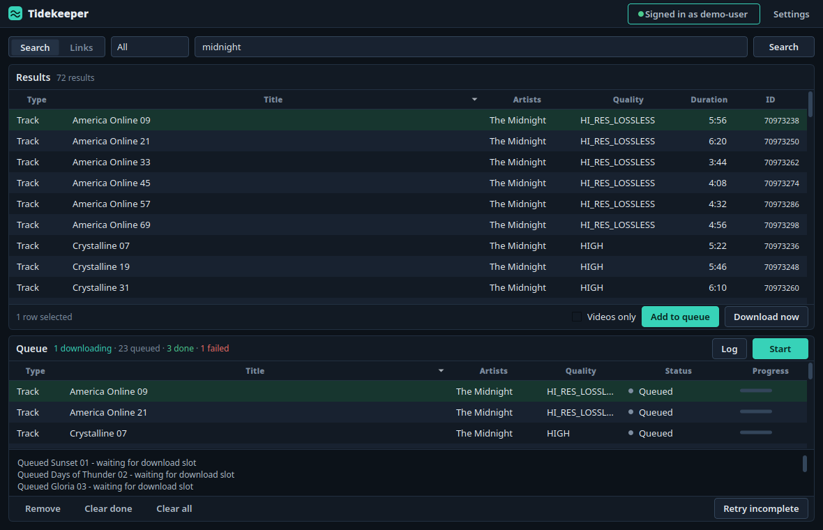 Workspace with search, results, and queue