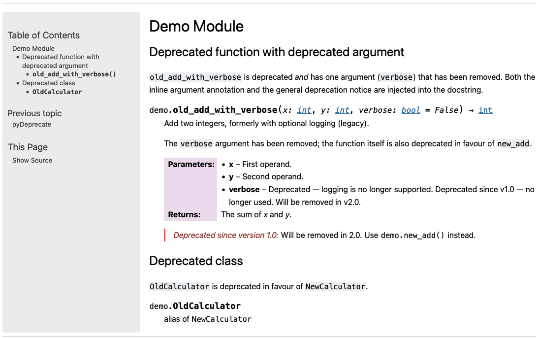 Sphinx demo — deprecation notice rendered as a styled deprecated directive