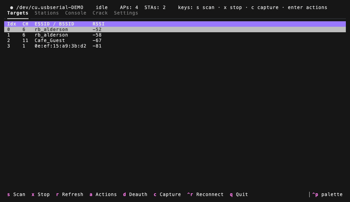 wifikit TUI cycling through the Targets, Stations, Console and Crack tabs
