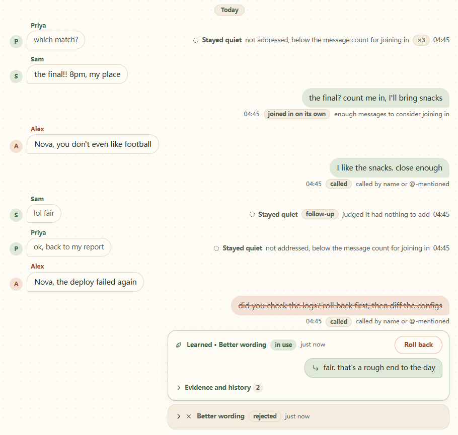 The dashboard's chat view: messages it let pass with the reason, replies when it was called, and a corrected reply struck through with the better wording it learned and a Roll back button
