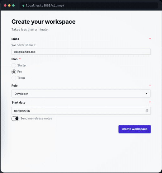 The same signup form switching between the dark, cupcake, synthwave, nord, and retro daisyUI themes