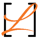 Literary logo with an orange cursive uppercase L inside black square brackets