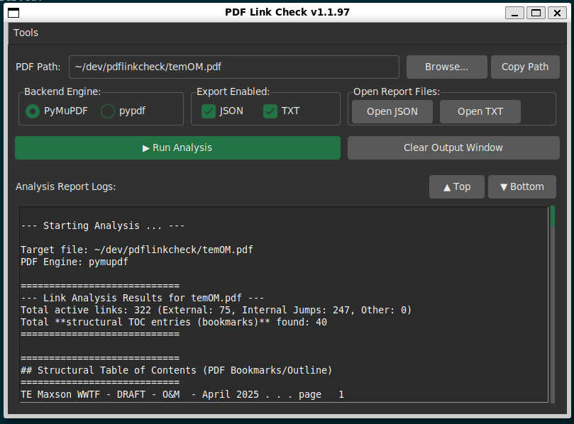 Screenshot of the pdflinkcheck GUI
