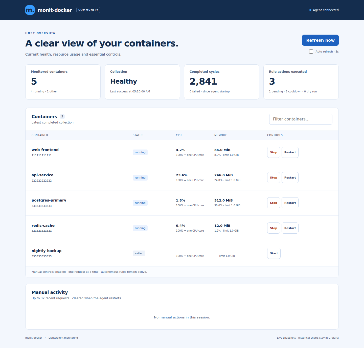 Blue desktop interface showing container status, resources and optional controls