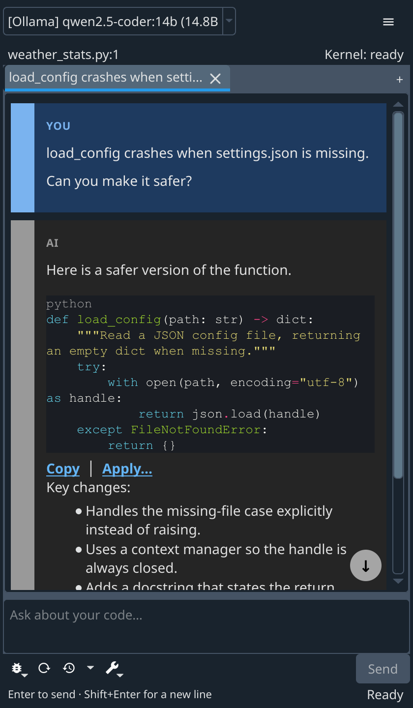 Chat panel: a question about load_config and an answer with a code block and Copy/Apply actions