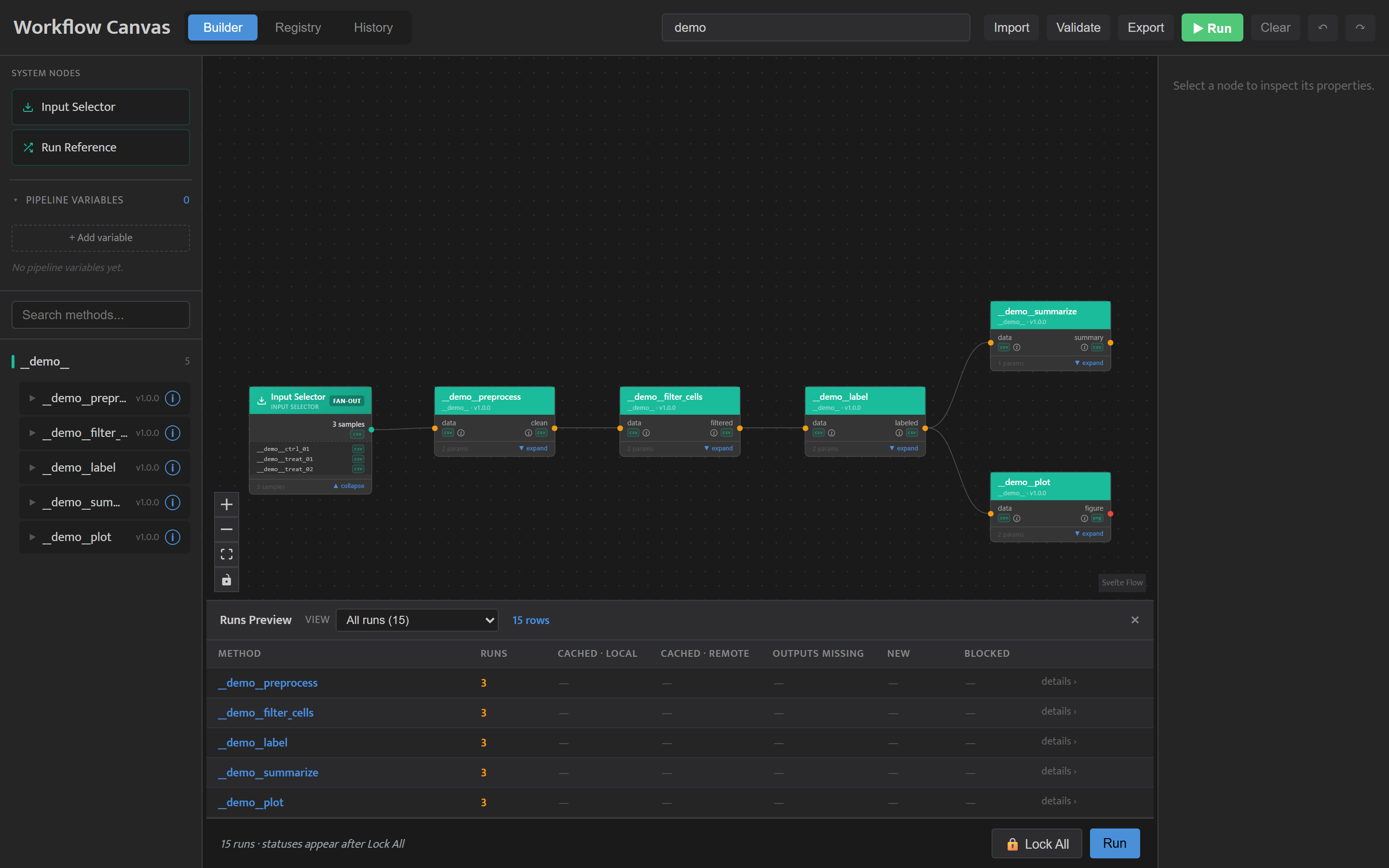 The Canvas Builder with the demo pipeline wired: three samples fanned across five methods