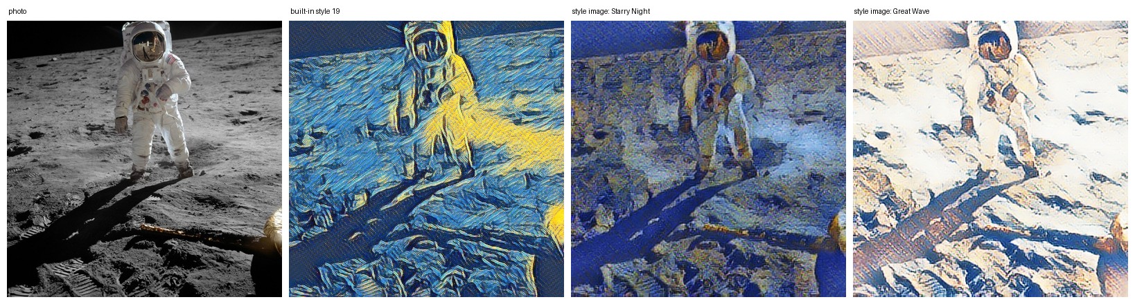 A NASA photo of an astronaut next to three stylized versions