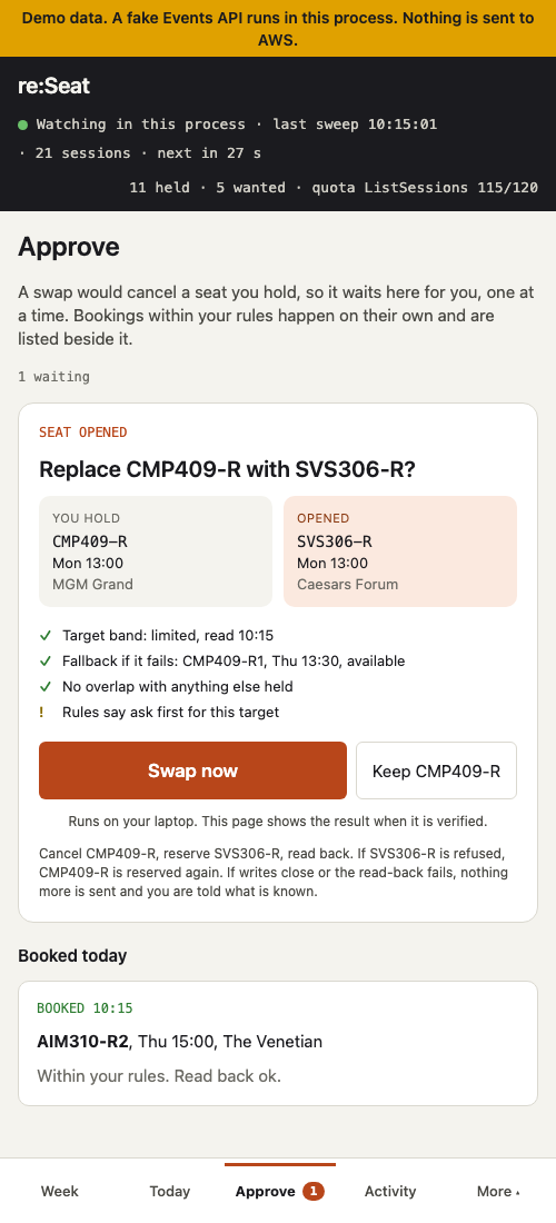 Approve: the held and opened sessions side by side, the checks and one button
