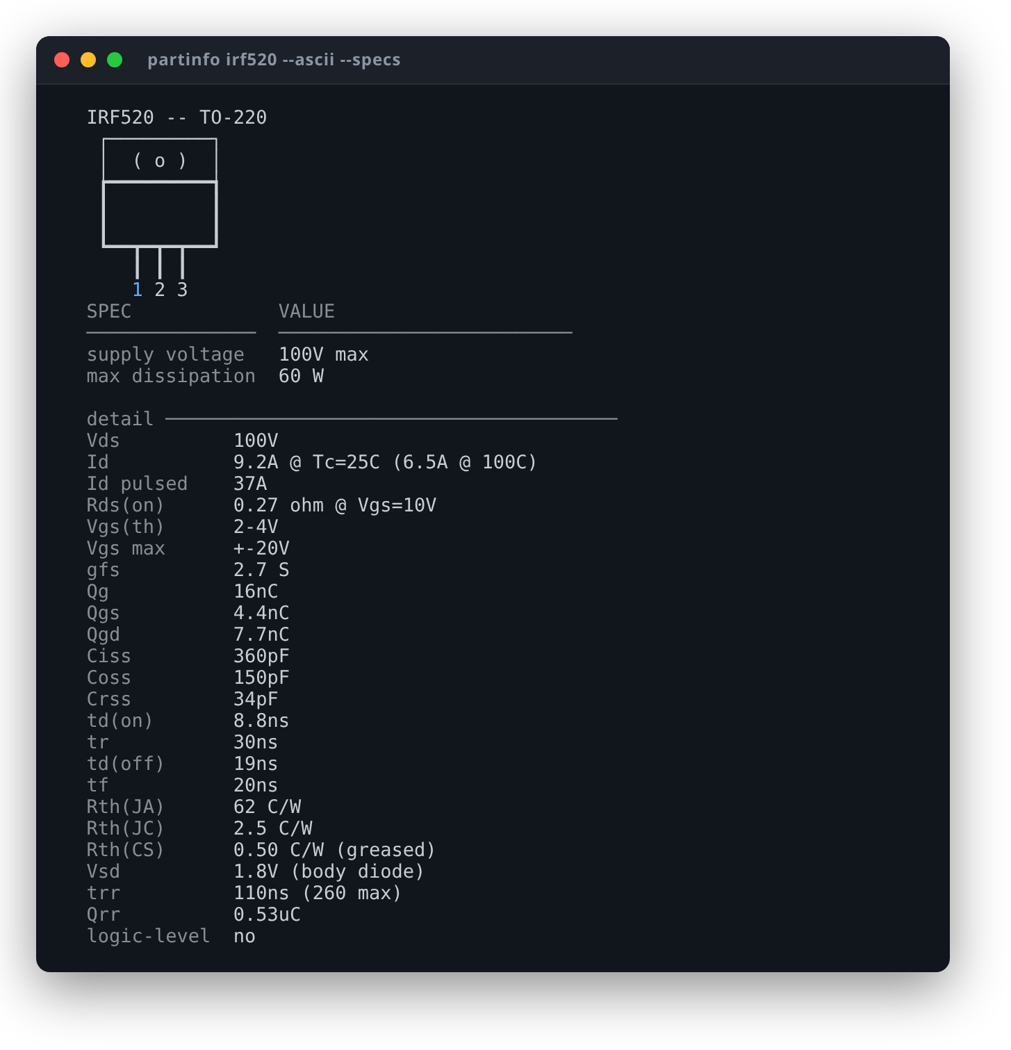 partinfo irf520 --ascii --specs: TO-220 package diagram alongside the Rds(on) and Rth(JA) values the thermal math needs
