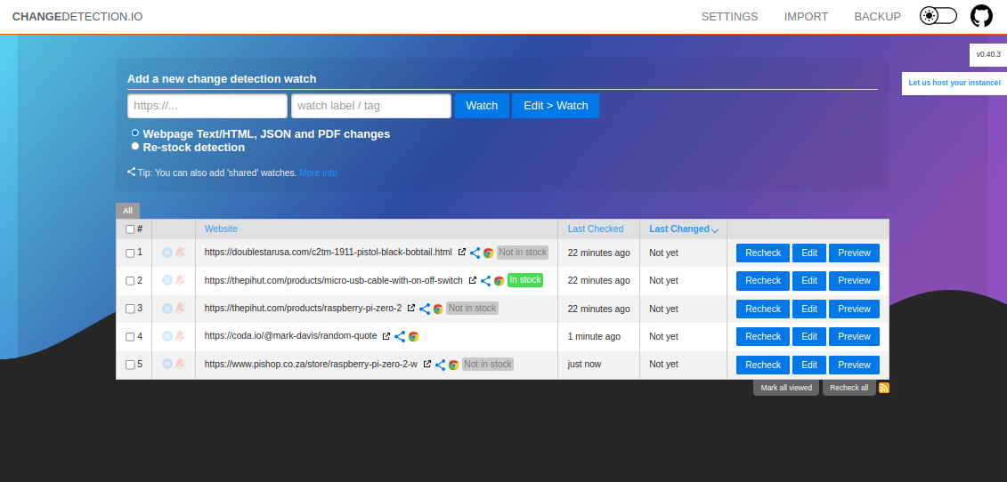 Self-hosted web page change monitoring, list of websites with changes