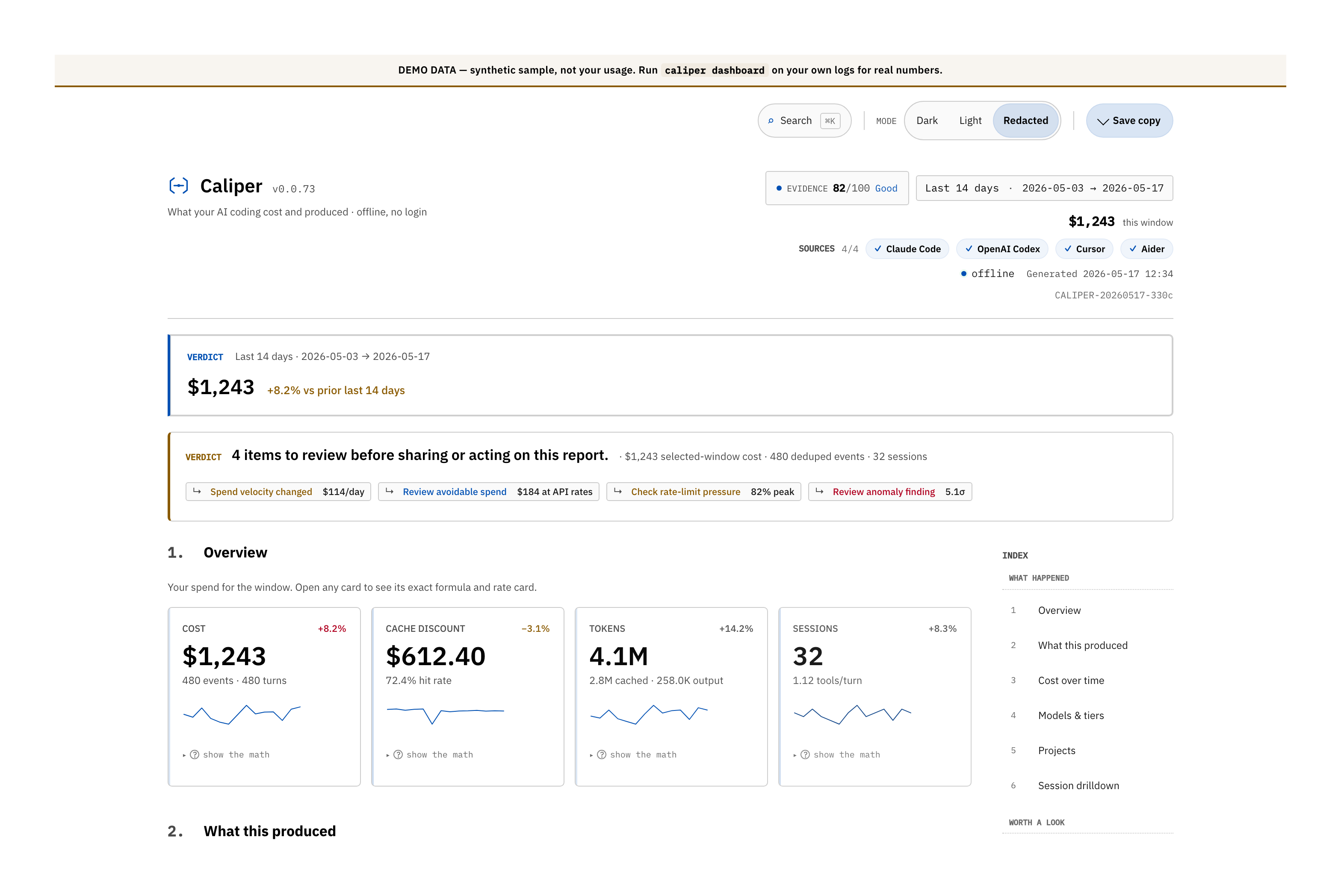 Caliper dashboard — verdict, KPIs, and next actions in Safe Share mode