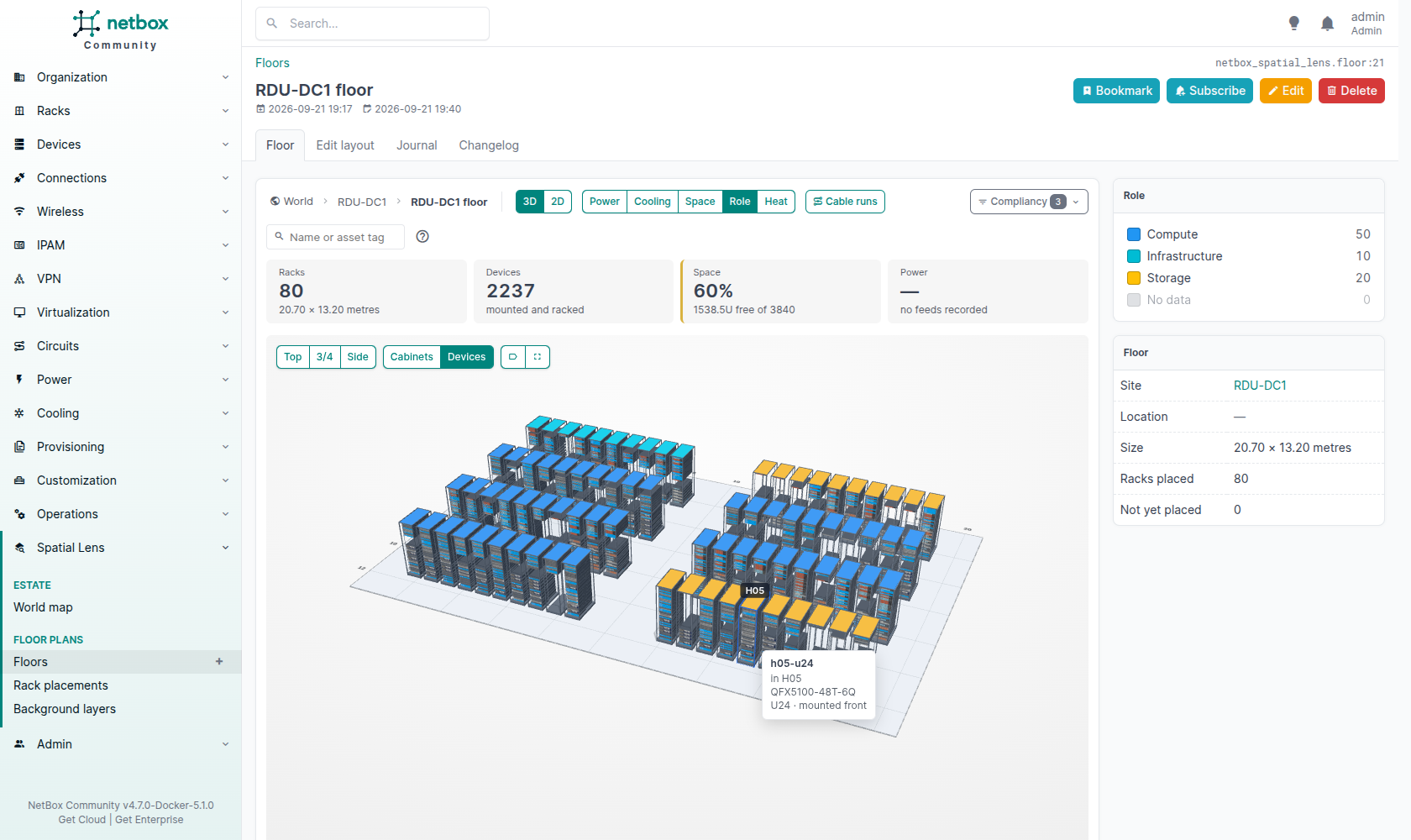 The same hall of 80 racks in the Devices view: every cabinet open with its real devices, roofs coloured by rack role, and the hover card of one switch naming its rack, type and unit