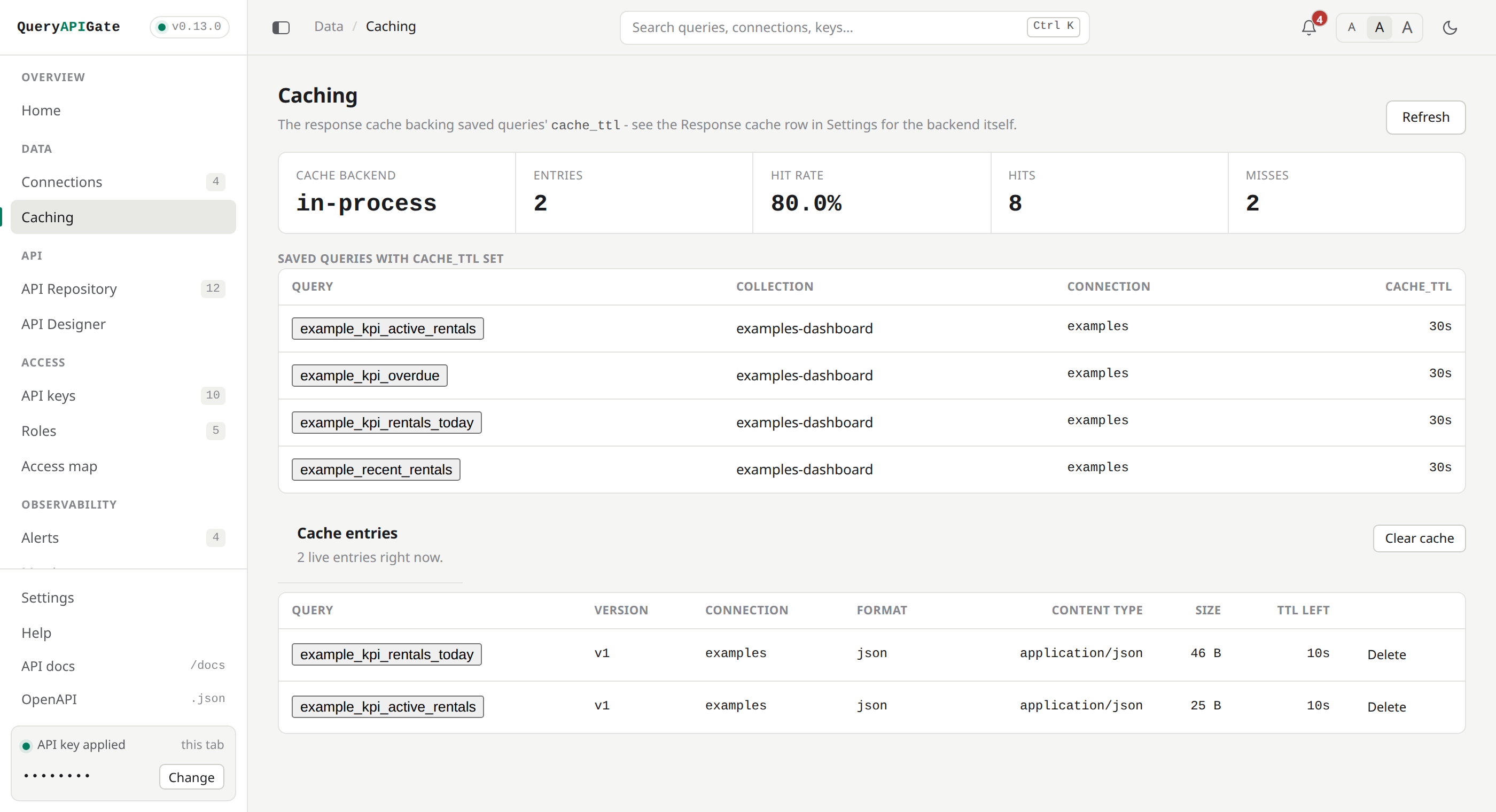 Caching screen: response cache backend, entry count, hit rate, hits and misses, and the list of saved queries with a cache_ttl set