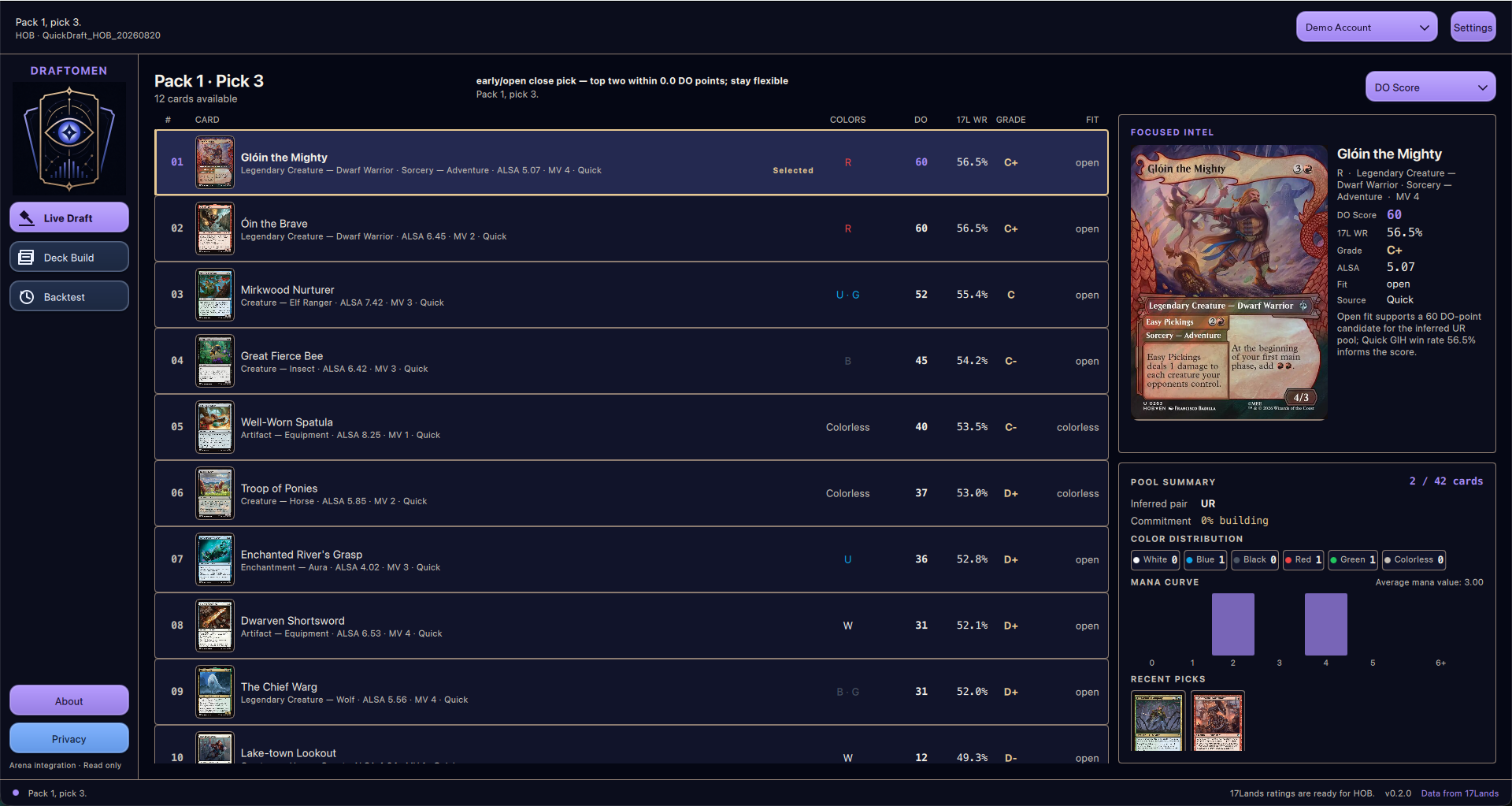Draft Omen Live Draft GUI showing Pack 1, Pick 3 with 12 cards available, Glóin the Mighty selected, ranked card rows, DO Score, 17Lands win rate, grade, color fit, focused-card details, and pool summary