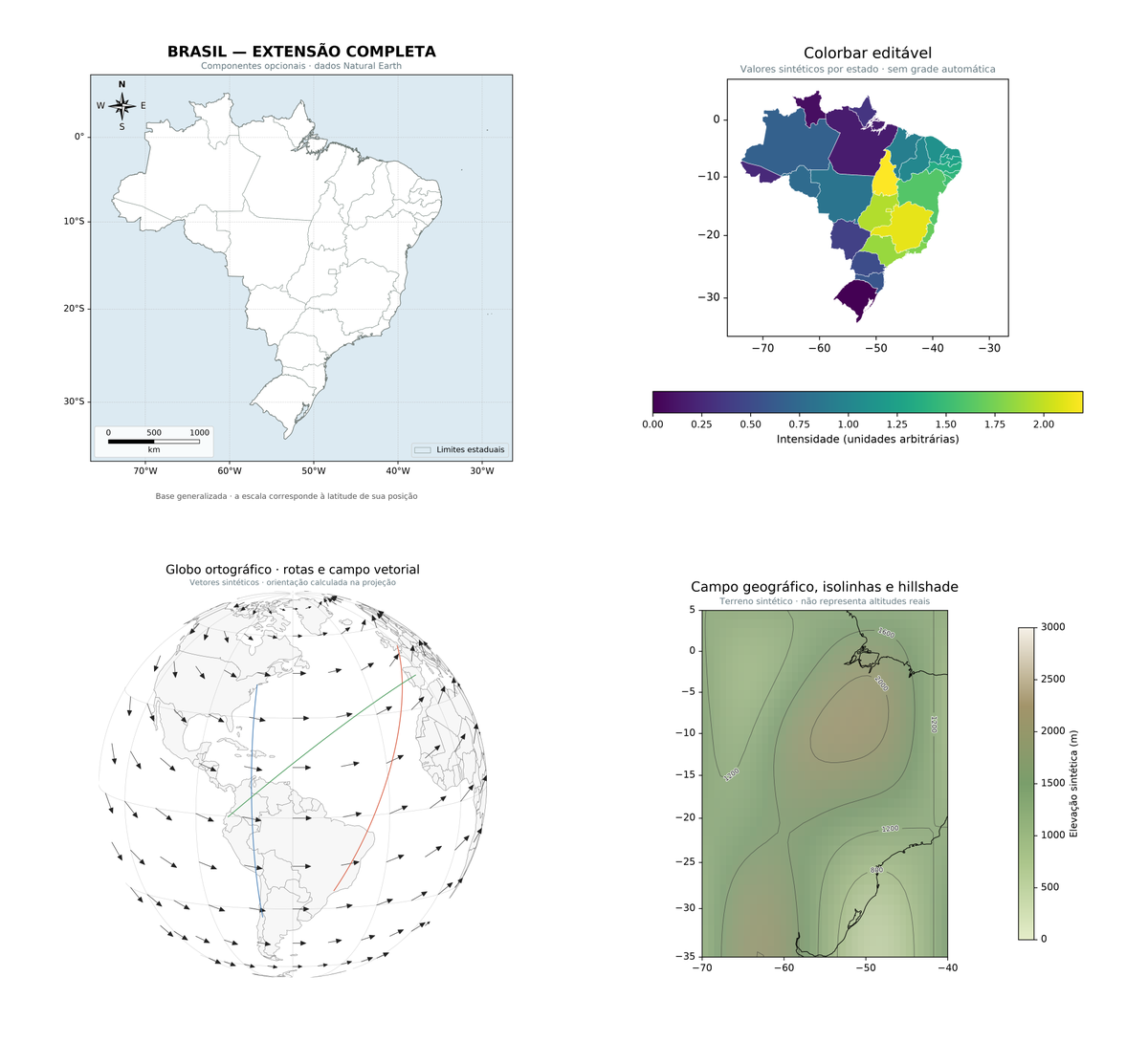Maps rendered by Azimlib: Brazil, a thematic map, an orthographic globe and synthetic terrain